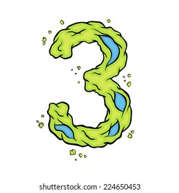 Green number three . Bright green element stylish numbers style zombies. Halloween number grimy element in the vector. Hand drawn number three  isolated on white background. EPS10