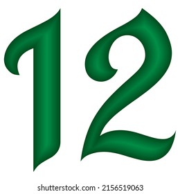 Grüne Zahl Zwölf Vektorgrafik. Nummer 12 einzeln auf weißem Hintergrund. islamische oder arabische Schriftnummer
