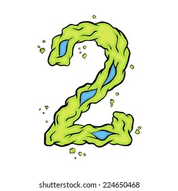 Green number two. Bright green element stylish numbers style zombies. Halloween number grimy element in the vector. Hand drawn number two isolated on white background. EPS10