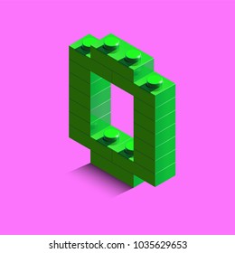 Green Number Zero From Constructor Lego Bricks On Pink Background. 3d Lego Number Zero