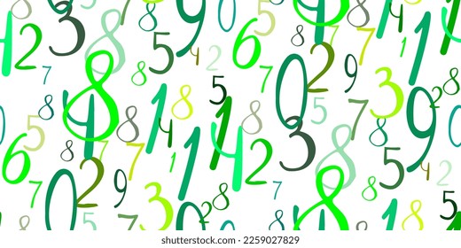 Green numbers seamless pattern. Mathematical background of randomly placed different monochrome numbers on white. Vector illustration school template for nursery, kids playroom and classroom