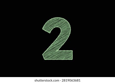 A green numeral two drawn with hatching lines creating a sketchlike texture isolated on a black background