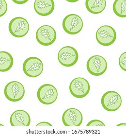 Green oak leaf in a circle. Seamless pattern. Hand-drawn illustration on a white background.