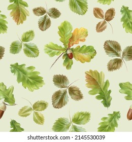 Green oak leaves pattern, watercolor illustration on light background