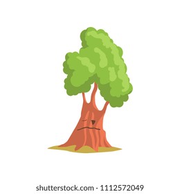 Green oak tree with face. Forest or park plant. Landscape construction element. Flat vector design for mobile game or children book