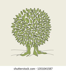 Green oak tree hand drawn vector illustration. Forest, woods ink pen sketch. Wood with lush crown, foliage freehand contour drawing. Environment, nature, ecology outline design element