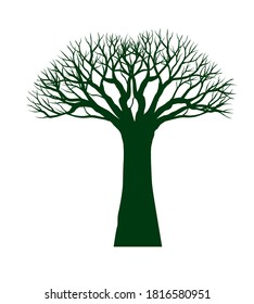 Green Oak Tree with Roots. Vector outline Illustration. Tree in Garden.