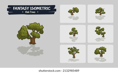 Green Oak Trees Fantasy game assets - Isometric Vector Illustration