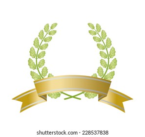 Green oak wreath with ribbon isolated on white background.