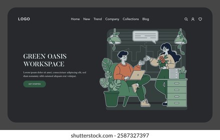 Green oasis workspace concept. A harmonious setting combines nature and productivity through plants and collaborative interaction. It encourages creativity and comfort in the work environment. Vector