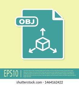 Green OBJ file document. Download obj button icon isolated on yellow background. OBJ file symbol.  Vector Illustration