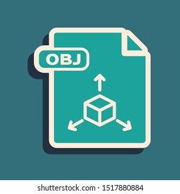 Green OBJ file document. Download obj button icon isolated on blue background. OBJ file symbol. Long shadow style. Vector Illustration