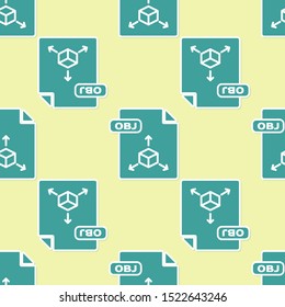 Green OBJ file document. Download obj button icon isolated seamless pattern on yellow background. OBJ file symbol.  Vector Illustration