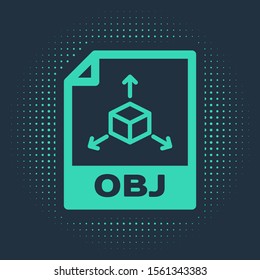 Green OBJ file document. Download obj button icon isolated on blue background. OBJ file symbol. Abstract circle random dots. Vector Illustration