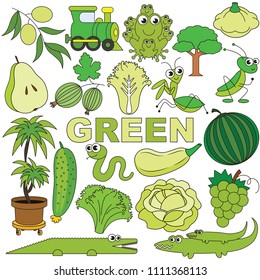 Green Objects Color elements set, collection of coloring book template, the group of outline digital elements vector illustration, kid educational game page.
