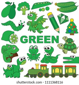 Green Objects Color elements set, collection of coloring book template, the group of outline digital elements vector illustration, kid educational game page.