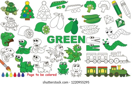 Green Objects Color elements set, collection of coloring book template, the group of outline digital elements vector illustration, kid educational game page.