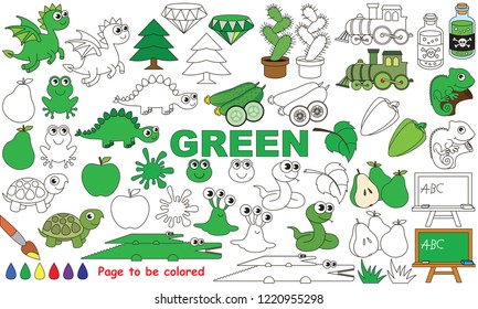 Green Objects Color elements set, collection of coloring book template, the group of outline digital elements vector illustration, kid educational game page.