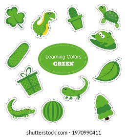 Green objects. Learning Colors. Color Worksheet. Education set. Illustration of primary colors.