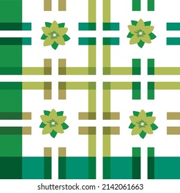Green and ocher checkered pattern with yellow flower interspersed for seamless prints. Vector illustration.