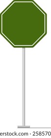 Green octagonal traffic sign featuring a white frame, positioned on a sturdy metal pole, offering ample copy space for customization, set against a clean white background