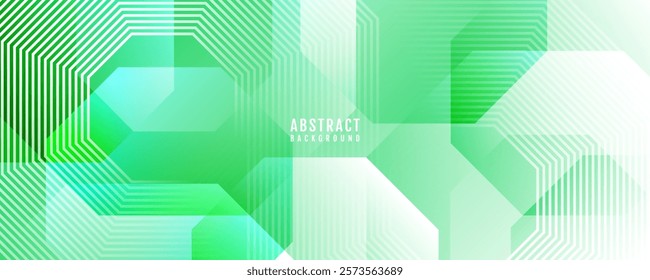 Green octagons abstract background overlap layer on bright space with stripes effect decoration. Modern graphic design element lines style concept for web banner, art, flyer, card, or brochure cover
