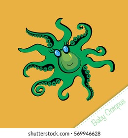 Green Octopus animal cartoon character. Print for children's wear, greeting cards, menu, wallpaper, decoration. Vector Illustration