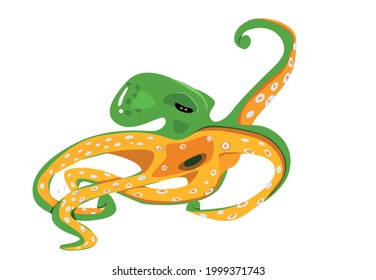 a green octopus in a cartoon style threatens with a tentacle with suckers. Vector illustration of green and orange colors isolated on white background.