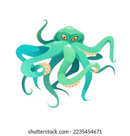 Green octopus cartoon vector illustration. Sea cute animal