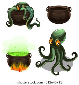 Green octopus and cauldron with magic potion isolated on white background. Vector cartoon close-up illustration.