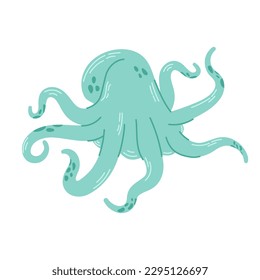 Green octopus isolated on white background. Marine animal or mollusc with tentacles, underwater inhabitant. Modern hand drawn flat illustration.