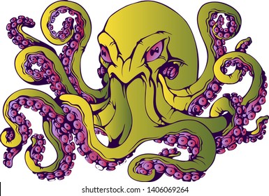 Green octopus with purple tentacles. Illustration of octopus, sea monster on a white background. Vector illustration.