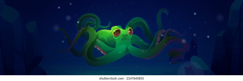 Green octopus swim in ocean water at night. Vector cartoon illustration of dark underwater sea landscape with giant marine animal, squid with suckers on tentacles