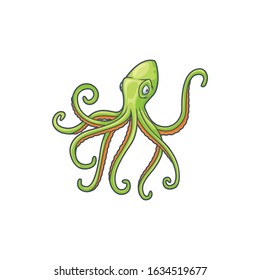 Green Octopus With Two Eyes And Beak Isolated Eight Limbed Mollusc. Vector Marine Animal, Aquatic Fauna Character. Ocean Monster, Octopus With Tentacles, Underwater Creature With Suckers