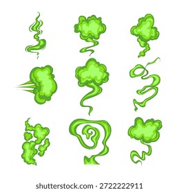 Efeitos de nuvens de gás odor verde espalhando-se através de um fundo branco, representando mau cheiro, fumaça tóxica, vapor, fumaça ou conceitos de poluição em vários estilos de desenho animado