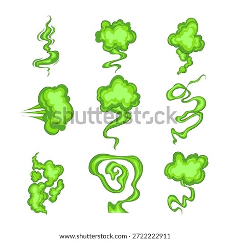 Green odor gas cloud effects spreading across a white background, representing bad smell, toxic fumes, steam, smoke, or pollution concepts in various cartoon styles