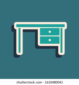 Green Office desk icon isolated on blue background. Long shadow style. Vector Illustration