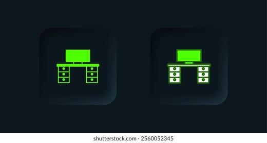 Green Office desk icon isolated on black background. Black square button. Vector