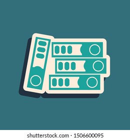 Green Office folders with papers and documents icon isolated on blue background. Office binders. Archives folder sign. Long shadow style. Vector Illustration