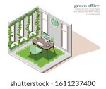 Green office isometric and colored composition with green plants colors and carpet vector illustration