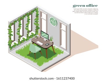 Green office isometric and colored composition with green plants colors and carpet vector illustration