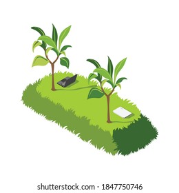 Green Office Isometric Composition With Icons Of Laptops Plants With Grass Hill And Plants Vector Illustration