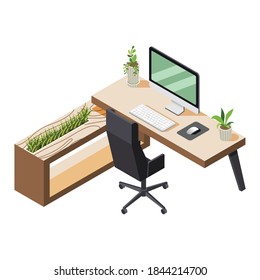 Green office isometric composition with view of workplace with plants icons and computer table vector illustration
