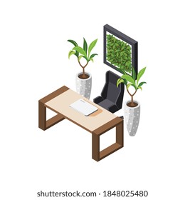 Composición isométrica de la oficina verde con vistas a la mesa de sillas de trabajo de directores y plantas en la ilustración vectorial de grandes potes