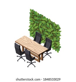 Green Office Isometric Composition With View Of Breakout Room Furniture With Chairs Wooden Table And Leaves Vector Illustration