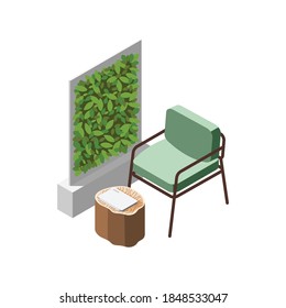 Green office isometric composition with wall of leaves and icons of chair with laptop vector illustration