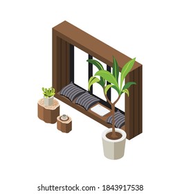 Green office isometric composition with window seat with soft pillows and domestic plants vector illustration
