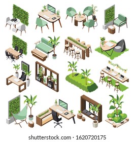 Green office isometric icon set with green plants and flowers eco equipment and tool furniture vector illustration