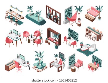 Green office isometric recolor icon set with ecological furnish and indoor plant vector illustration