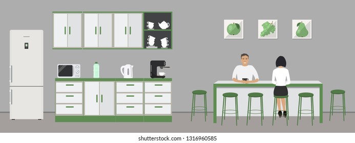 Green Office Kitchen. Dining Room In The Office. Employees Are Sitting At The Table. Coffee Break. There Are Kitchen Cabinets, A Fridge, A Microwave, A Kettle And A Coffee Machine In The Image. Vector